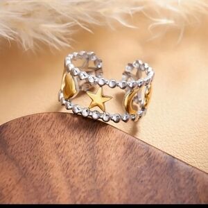 New Stainless Steel Open Star & Moon Ring – Two-Tone Beaded Edge, Vintage Style